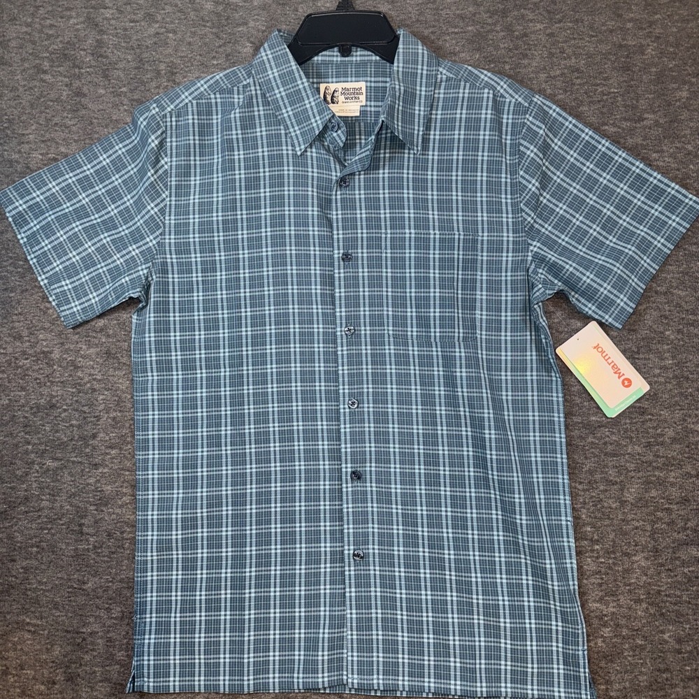 Marmot Mens Eldridge Classic Short Sleeve Button Shirt Dusty Teal Check Sz S NEW